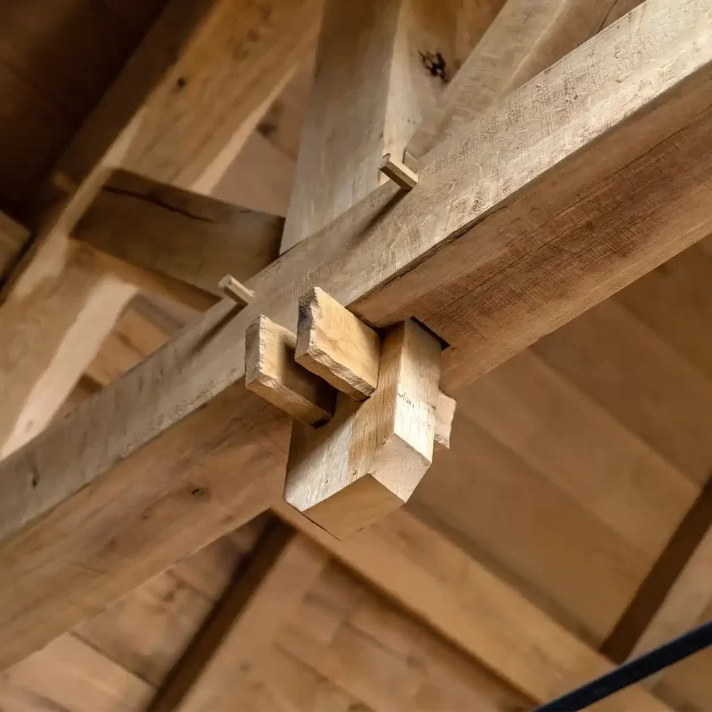Detail van een verbinding tussen eikenhouten balken